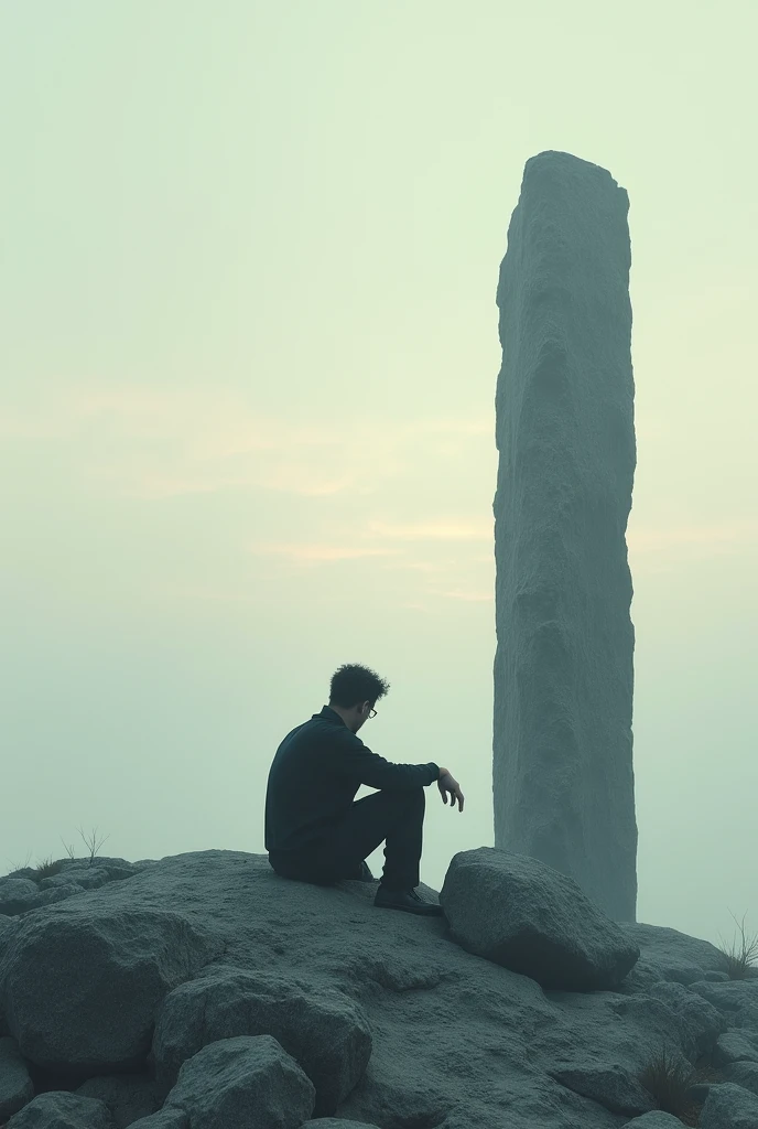 He sits beside the stone, looking at the horizon with a lost gaze, as if there was no more strength to move forward. Your memories begin to appear at the edges of the frame: the face of a loved one, a dream that was abandoned, a personal battle that failed. generates a HQ image