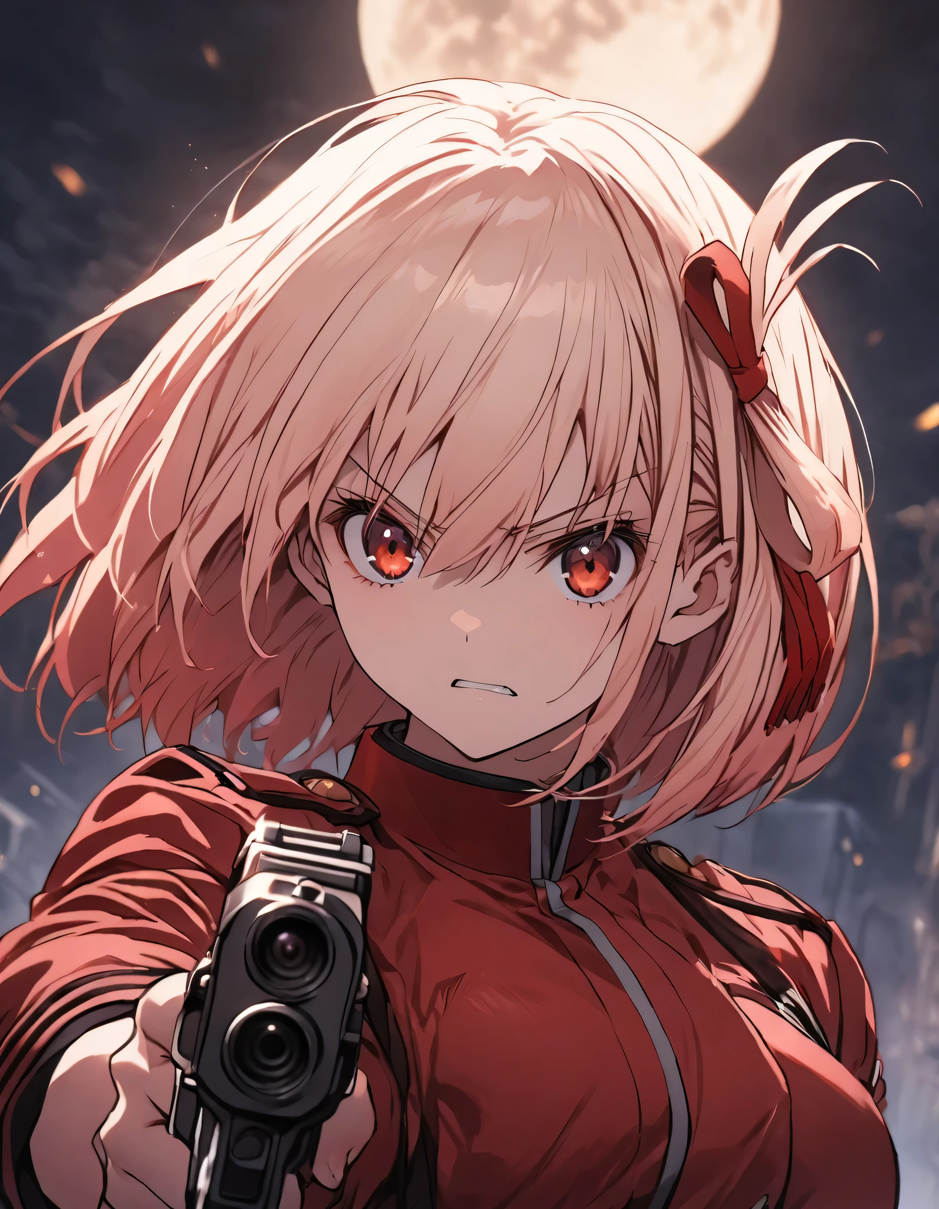 One person, chisato nishikigi, cute, Red Uniform, Beautiful hair ornaments, Hair between the eyes, Serious face, Upper Body, (((Ready your gun?))), Shoot a gun, night, full moon