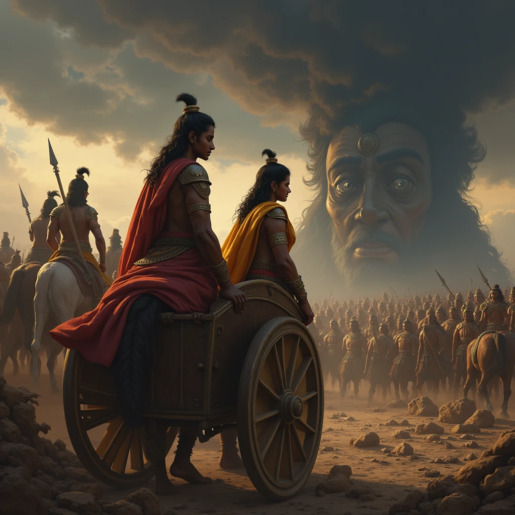 Visualize Arjuna standing in his chariot, his expression filled with sorrow and concern. In the background, depict the Kaurava army, their faces twisted in greed and ignorance, oblivious to the devastation around them. The battlefield is littered with broken family crests and shattered symbols of unity, representing the destruction of family bonds. A dark, ominous cloud looms over the Kauravas, symbolizing the sin they are blind to. Krishna stands beside Arjuna, his hand on Arjuna's shoulder, guiding him, while faint, ghostly images of ancestors look on with sadness, emphasizing the moral and spiritual weight of the situation.