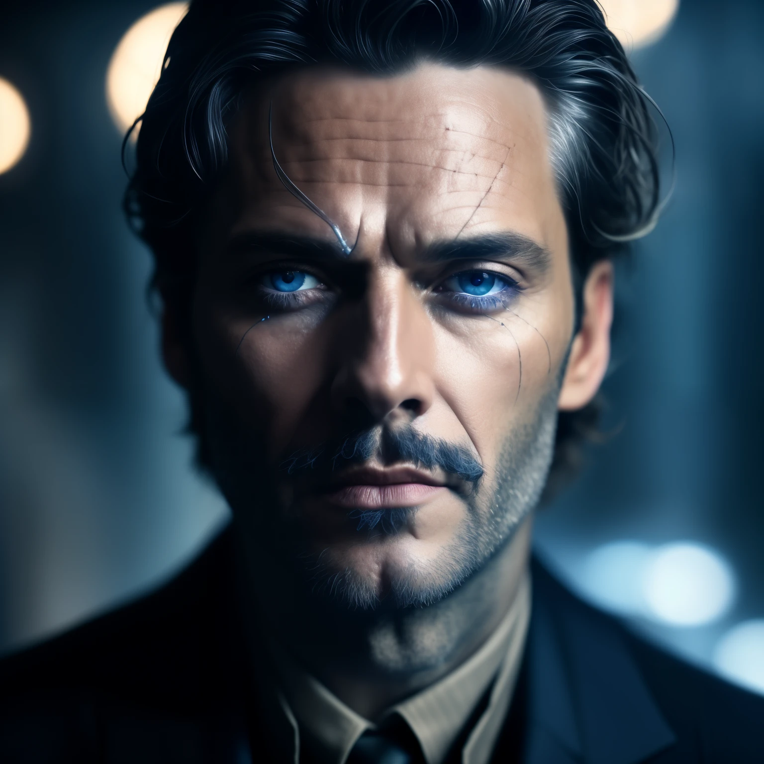 close up cinematic photo of a mysterious multi billionaire neural network man, divine man, anatomical face, Dark details, dark and soft lighting, blue colored eyes, luxury, Mystery