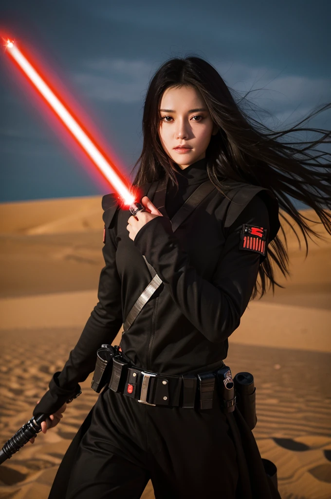 Sith, (realistic: 1.2), beauty, tall, black hair, long hair, one red lightsaber, black combat uniform, poised, desert