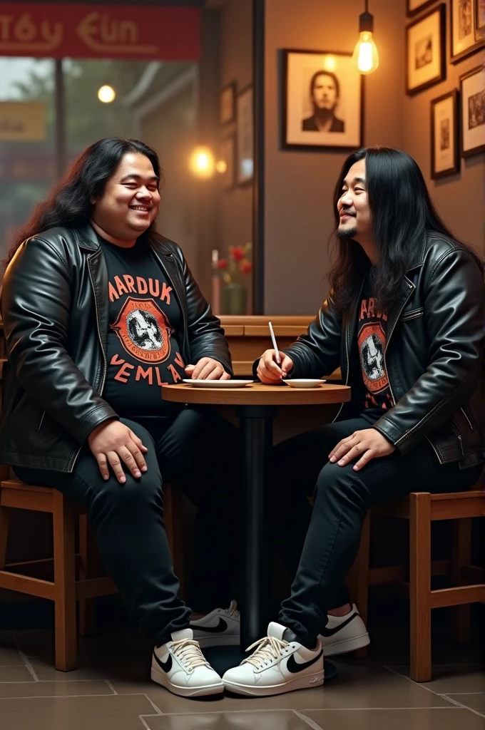 a chubby man with long hair from Indonesia, Javanese, wearing a black T-shirt with the MARDUK design, wearing a black leather jacket and wearing black jeans, white Nike shoes, sitting with Rockstar AXL Rose from the band Guns n Roses, in a cafe
Hd picture,high resolusi