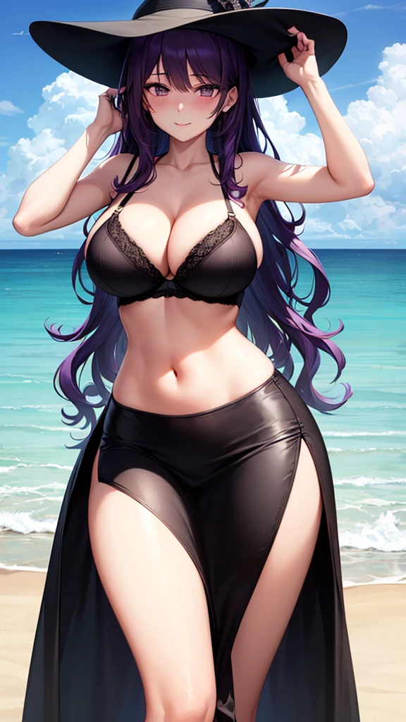 masterpiece, best quality, high detail, beautiful woman, solo focus, long wavy hair, purple hair, large bust, (black bra), (black maxi pencil skirt), tight skirt, black sun hat, purple, midriff, navel, wide hips, looking at viewer, full-face blush, light smile, beach, summer, cloudy sky,