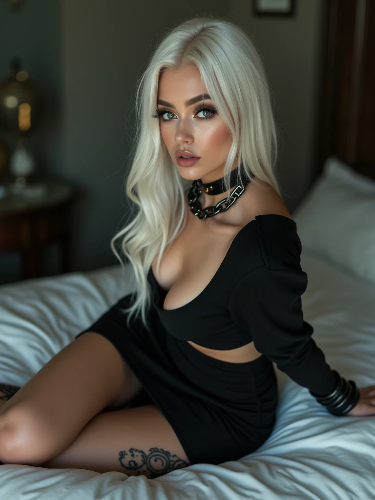 1girl, black pencil skirt, black long sleeve top, only belly button showing, hands behind back, restrictions, white hair, very long hair, straight hair, cute, slender body, thin legs, black thigh-high stockings, nylon stockings, hands in black leather cuffs, arms chained together, arms together, masochistic, full body, arms behind head, leather cuffs, calf tattoo, large collar on neck, 1, long eyelashes, mascara, cute face, mature, low angle, hands behind back, lying on back, submissive gaze, lying on bed, best quality,4k,8k,highres,masterpiece:1.2,ultra-detailed,(realistic,photorealistic,photo-realistic:1.37), HDR, UHD, studio lighting, ultra-fine painting, sharp focus, physically-based rendering, extreme detail description, professional, vivid colors, bokeh, portrait, at the head of the bed, hands chained to the bed