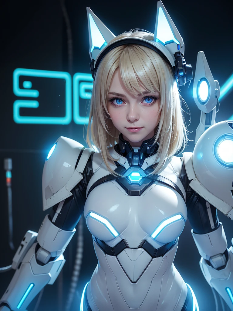 flat chest,nurse head cap,fox ears,blonde hair,realistic and intricate perfect beauty face,(flat chest),smile,happy,perfect sharp blue glowing eyes, detailed face,((in realistic neon-lit sci-fi white plugsuit metal mech parts and with neon-lit lights)),masterpiece,front face,upper body,simple background,