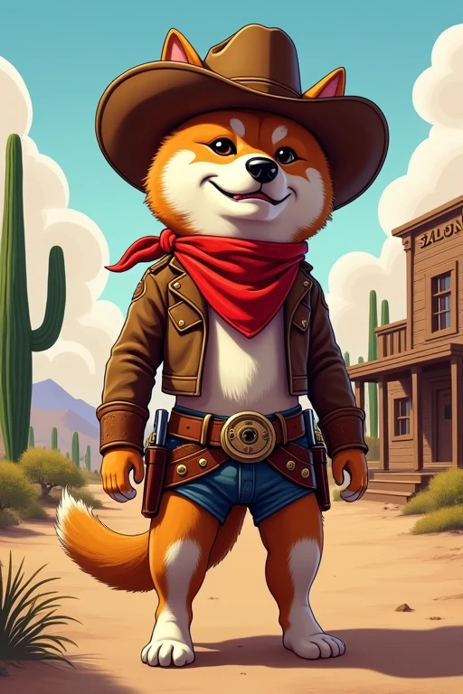 A digital illustration of a Shiba Inu dog dressed as a Wild West cowboy, complete with hat, bandana, and gun holsters. The background shows a desert landscape with cacti and a saloon. Use vibrant colors and a cartoon style.