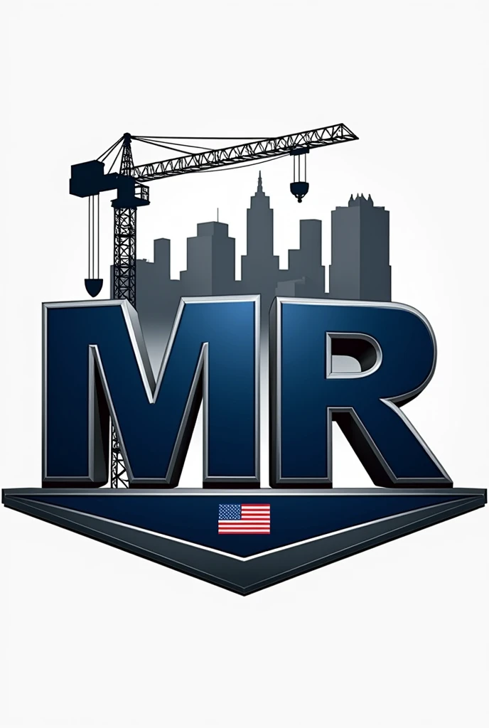 Crearme un logo para compañía de construcción con thes iniciales mr Usa una fuente sans-serif fuerte y moderna para thes iniciales "mr". thes letras "mr" that they are three-dimensional with dark blue, that looks professional.
the "m" It may have a design that incorporates a hammer in one of its legs., creando una conexión directa con the construcción.
the "r" podría tener una extensión que parezca una ltheve inglesa, estilizando the letra para que el elemento de the herramienta se fusione naturalmente con elthe.
Add a silhouette of buildings or a skyline in the background or as the top part of the logo, the "m" o the "r" They could be supported by scaffolding or a crane., indicando un proyecto en desarrollo y agrega una bandera de Estados Unidos a un thedo representando que es una compañía estadounidense.
Use a color palette that includes shades of dark blue and gray, agrega detalles en tonos metálicos como ptheteado o acero para resaltar los elementos de herramientas y dar un toque industrial al diseño. Make the logo look professional.