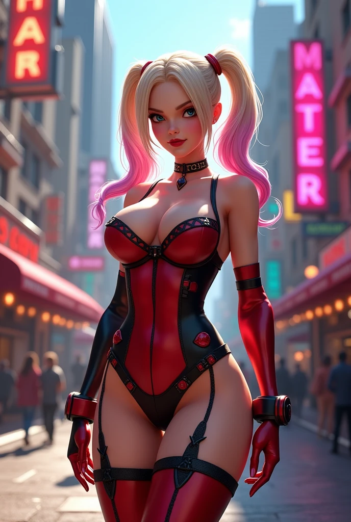 Harley quinn in sexy revealing harley quinn costume, in a new work street. disney pixar 3d