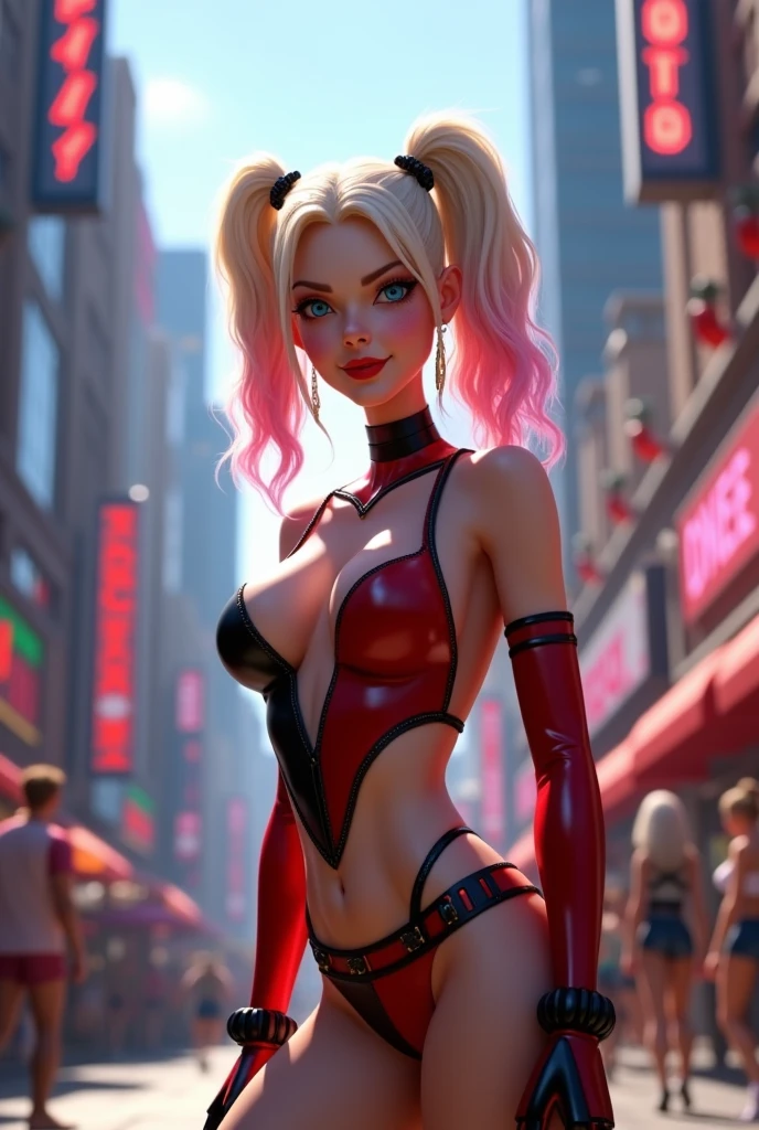 Harley quinn in sexy revealing harley quinn costume, in a new work street. disney pixar 3d