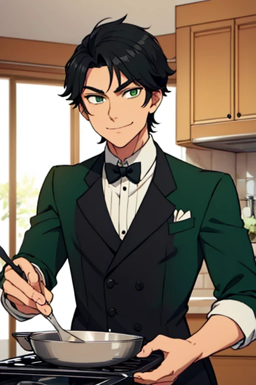 Perfect face. Perfect hands. A handsome black haired man with green eyes and short hair in a butler's uniform is smiling while cooking in a fancy kitchen