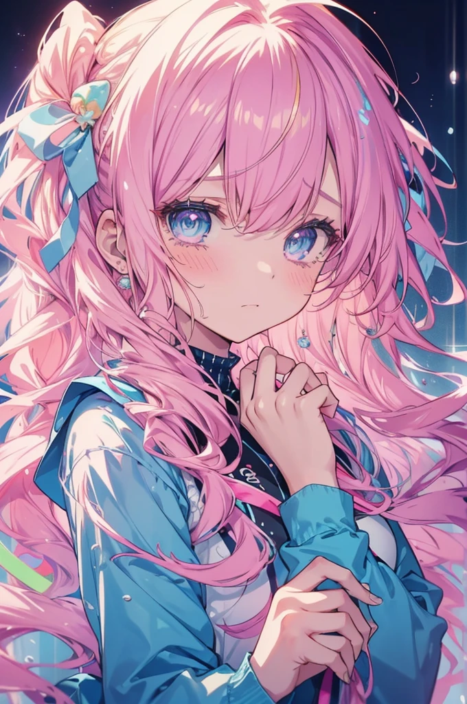 Photo close-up of a girl with long blonde hair and wearing blue and pink clothes, One person, Are crying, glowsticks, hair ornaments, alone, tears, Are crying with eyes open