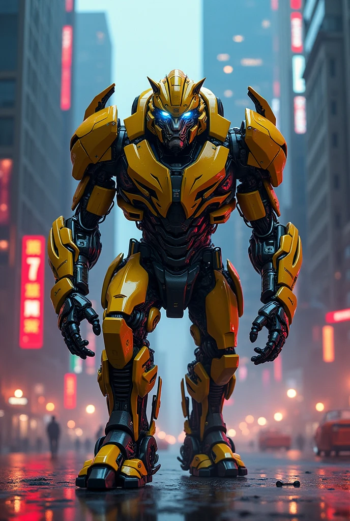 Lion in transformer bumblebee suit with helmet in standing pose newyork city background red and blue lights 