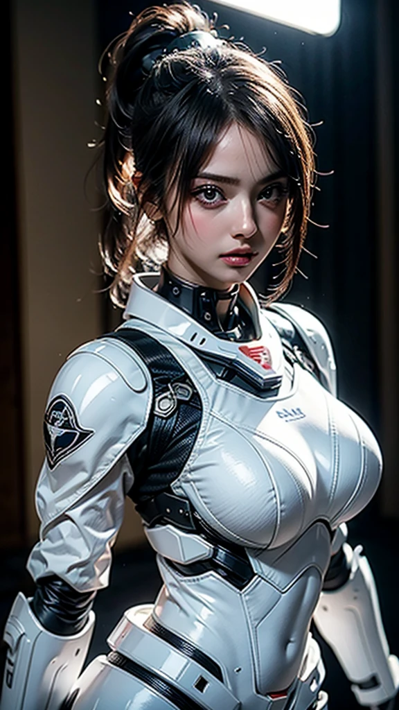 masterpiece, Highest quality, Ultra-realistic, Ultra-detailed, 8k resolution, RAW Photos, Sharp focus, (One person), alone, Gorgeous face, Perfect body, Mature Woman, Age 25, Portraiture, Mecha, White Armor, Nanosuit, sexy, ponytail, Cinematic, Cinematic light, Large Breasts