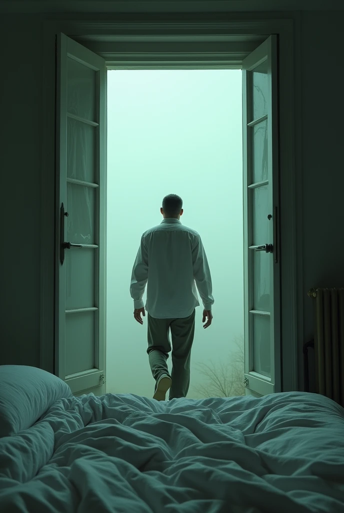 A man walking through the window and away from the bed. Make the camera is inside of the bed