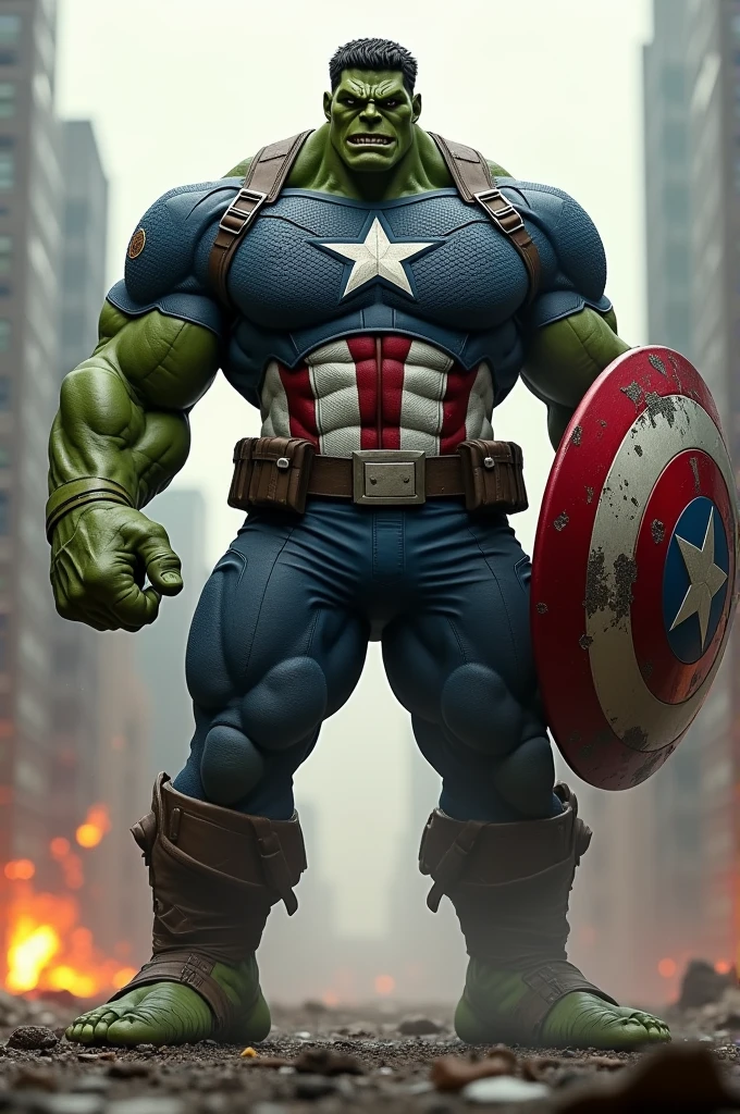 Captain America + Hulk: A super-soldier with enhanced strength and size, featuring Captain America's iconic shield infused with gamma energy. The character could wear a torn but reinforced suit combining Cap's star-spangled design with Hulk's green Hu
