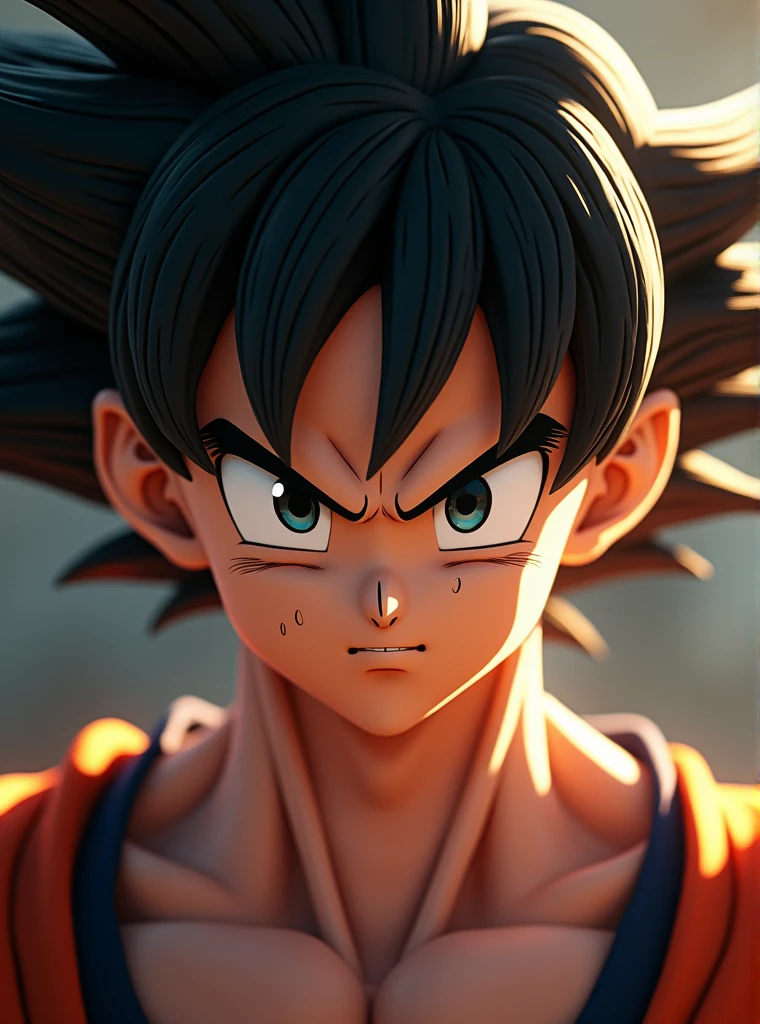 Detailed portrait photo of Goku, vivid colors, illuminated face with a soft glow, shining highlights on his hair and skin, texture-rich, cinematic feel, captured with a Fujifilm XT3, 8K UHD, art cinematic style, focus on facial expression, intense gaze, iconic spiky hair, vibrant yet natural colors, balanced shadows, background subtly blurred for depth, high-definition details, heroically composed."