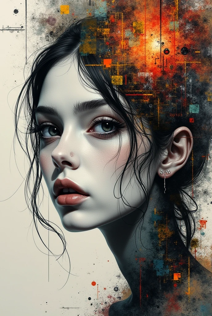 5-dimensional The captivating focus is a woman's face, portrayed with delicate, ethereal features and an intense gaze that draws the viewer in. The artistic technique weaves black and white sketching with colorful graffiti-like text and symbols, creating a dynamic and multi-layered effect. The background is a rich collage of varied colors, textures, and patterns, adding depth and complexity to the piece. The overall mood of the artwork is contemplative and serene, with a hint of dark fantasy. This extraordinary masterpiece