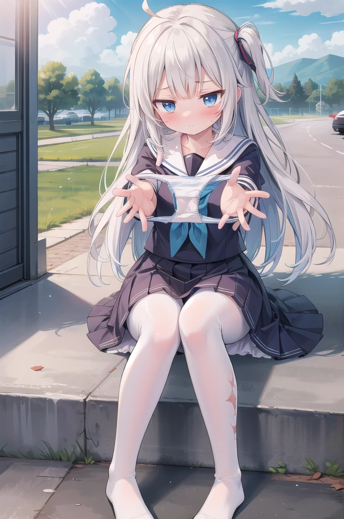 (masterpiece, best quality), a girl, solo, skirt, sky, sitting, serafuku, cloud, outdoors, neckerchief, day, shirt, ahoge, rooftop, long hair, white pantyhose,white hair, white school uniform, white sailor collar, blue eyes, sailor collar, white skirt, White silk socks, white serafuku blue sky, white shirt, closed mouth, white skirt, cloudy sky, pleated, Ruffle, no shoes, BREAK (presenting panties), BREAK (detailed blue Cotton panties:1.1),masterpiece, best quality, highly detailed,focus panty,cinematic lighting,(blushing:1.3), BREAK (Stain on panties:1.5)