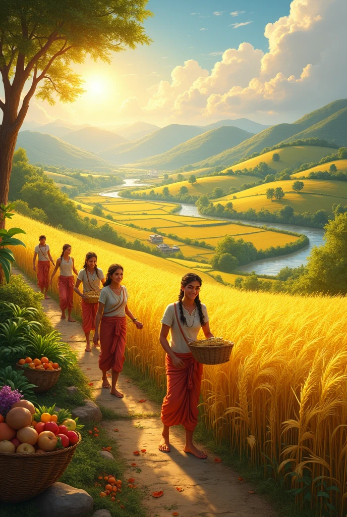 

21. **Vishnu’s Abundant Harvest**: A scene of bountiful harvests in Vishnu’s realm, with fields of golden crops and happy farmers.





