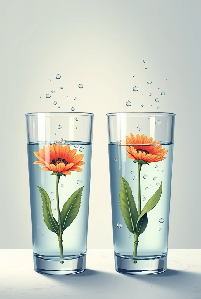 Generate an image where there are two glasses full of water with a flower in each glass and on one side explaining how the flower absorbs the water and releases the air in bubbles.