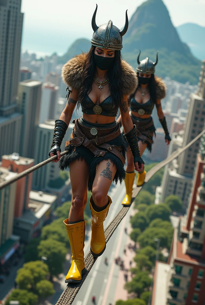Female Vikings wearing balaclavas and yellow plastic galoshes on a tightrope in Rio de Janeiro