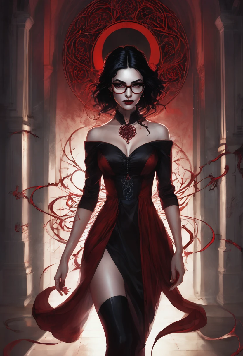 (good quality), (many details), (masterpiece), woman black hair (bob), vampire, short red dress (up to the knees) (black spirals on the dress), high heels, magic tattoo between the breasts (arcane sigil), blood witch, in a hall at night, glasses, style of Charlie Bowater