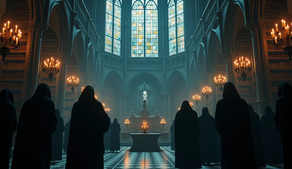 8k、 big blue moon , burning flame ,zoom up, large stained glass(number々の賞を受賞したmasterpiece、Incredible detail、Texture、Maximum details),red flame candle, (summoning magic),(The moonlight at night is beautiful), (Demon King's Castle),(dark organization)arafed image of a group of people in a church with candles,lit candle, dark cinematic concept art, elegant cinematic fantasy art, photorealistic dark concept art, by Beeple, dark robes,ek fus, gothic epic library concept, gothic epic library, epic cinematic concept art, dark concept art, Beeple and mike winkelmann, symmetrical epic fantasy art, High resolution, masterpiece, Highest quality, Intricate details, Very detailed, Clear focus, practical skin texture, texture, Shot with Canon, 85mm, Shallow and deep, Kodak Vision Color, Exactly, Very detailed, photograph_\(Extremist\), photographpractical, practical, Post-processing, Maximum details, Roughness, Real Life, Extremist practical, Photorealism, photographgraphy, 8K Ultra HD, photographgraphy