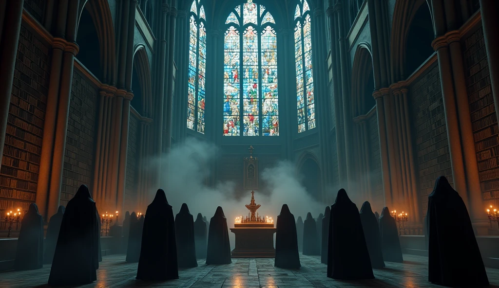 8k、 big blue moon , fierce burning flame ,zoom up, large stained glass(number々の賞を受賞したmasterpiece、Incredible detail、Texture、Maximum details),red flame candle, (summoning magic),(The moonlight at night is beautiful), (Demon King's Castle),(dark organization)arafed image of a group of people in a church with candles,lit candle, dark cinematic concept art, elegant cinematic fantasy art, photorealistic dark concept art, by Beeple, dark robes, wojtek fus, gothic epic library concept, gothic epic library, epic cinematic concept art, dark concept art, Beeple and mike winkelmann, symmetrical epic fantasy art, High resolution, masterpiece, Highest quality, Intricate details, Very detailed, Clear focus, practical skin texture, texture, Shot with Canon, 85mm, Shallow and deep, Kodak Vision Color, Exactly, Very detailed, photograph_\(Extremist\), photographpractical, practical, Post-processing, Maximum details, Roughness, Real Life, Extremist practical, Photorealism, photographgraphy, 8K Ultra HD, photographgraphy