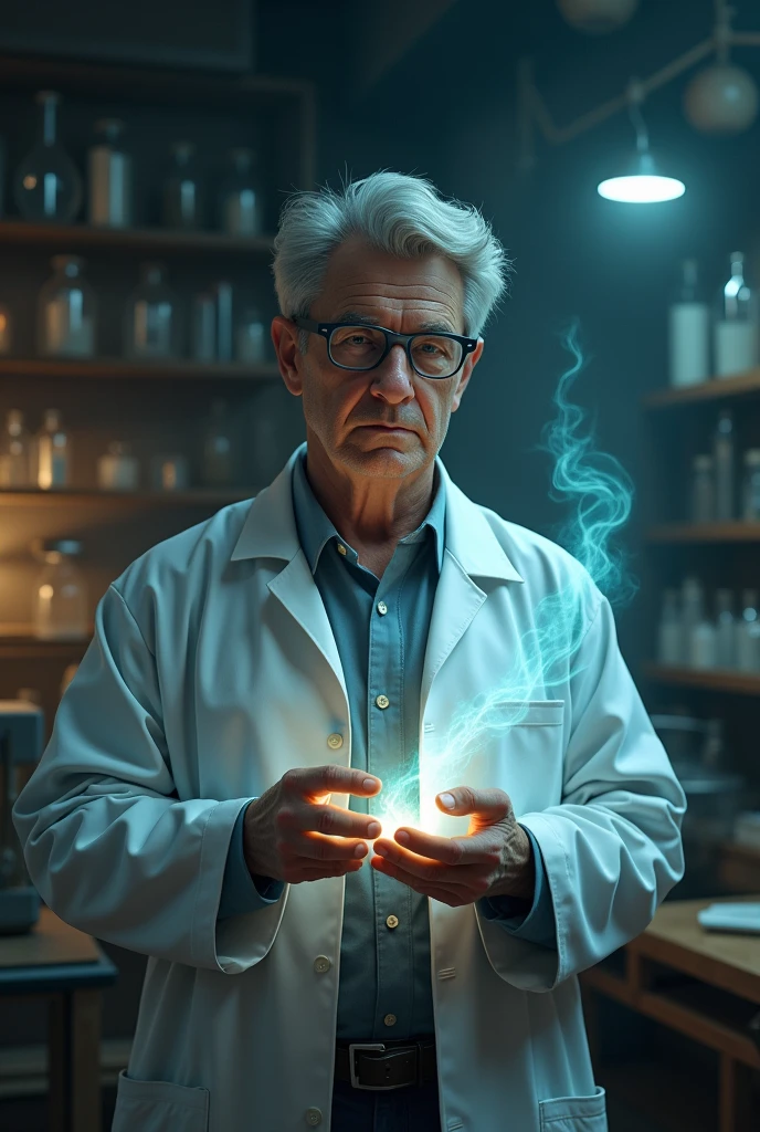 A scientist holding an eraser that has the ability to erase thoughts