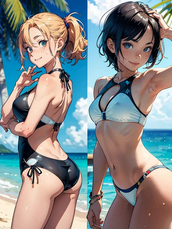 Highest quality, Masterpiece in anime style, (alone:1.1),Show off your flashy swimsuit,Summer beach, A nasty smile, Sensual, Cute Freckles, Mole under the left eye, sexy, Back view, The gesture of fixing her swimsuit with her fingers,