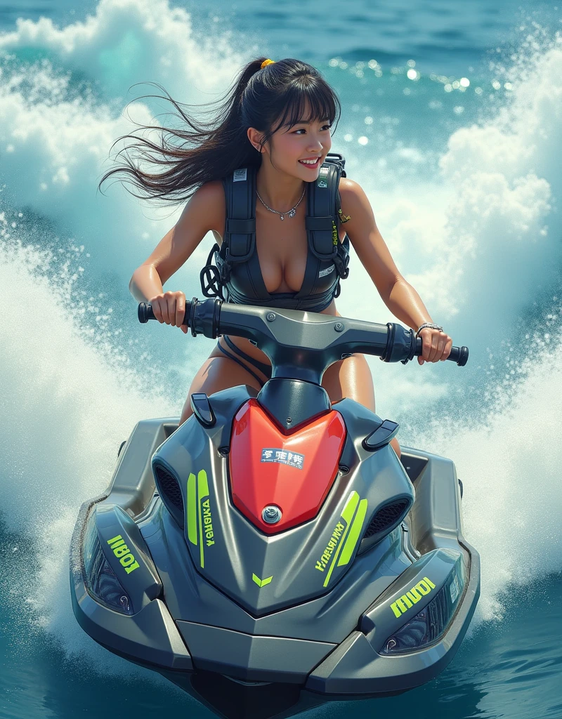 photo-realistic, ultra-realistic, very beautiful Japanese, famous Japanese idol, 20 years old, dramatic scene, masterpiece, beautiful eyes, (face focus, acrobatic closeup to her beautiful face:1.3), (wearing cyber punk cute mecha bikini:1.5), (she is enjoying an acrobatic jet skiing on the sea:1.5), (super big jump in the air over the huge waves:1.8), (fully equipped with scuba equipment:1.3), amazing view of huge waves with her brilliant riding techniques, acrobatic pose, dynamic angle, spectacular, Nimble movements, Sharp turns, (very large breasts), Kawasaki Jet ski SX-R, smile
