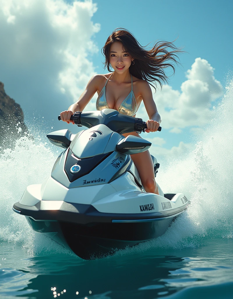photo-realistic, ultra-realistic, very beautiful Japanese, famous Japanese idol, 20 years old, dramatic scene, masterpiece, beautiful eyes, (face focus, acrobatic closeup to her beautiful face:1.3), (wearing cyber punk cute mecha bikini:1.5), (she is enjoying an acrobatic jet skiing on the sea:1.5), (super big jump in the air over the huge waves:1.8), (fully equipped with scuba equipment:1.3), amazing view of huge waves with her brilliant riding techniques, acrobatic pose, dynamic angle, spectacular, Nimble movements, Sharp turns, (very large breasts), Kawasaki Jet ski SX-R, smile