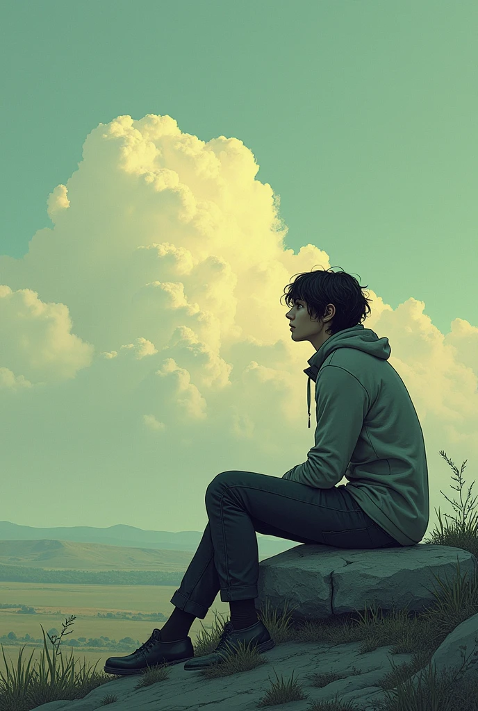 He sits beside the stone, looking at the horizon with a lost gaze, as if there was no more strength to move forward. Your memories begin to appear at the edges of the frame: the face of a loved one, a dream that was abandoned, a personal battle that failed. generates a HQ image, estilo historia em quadrinhos