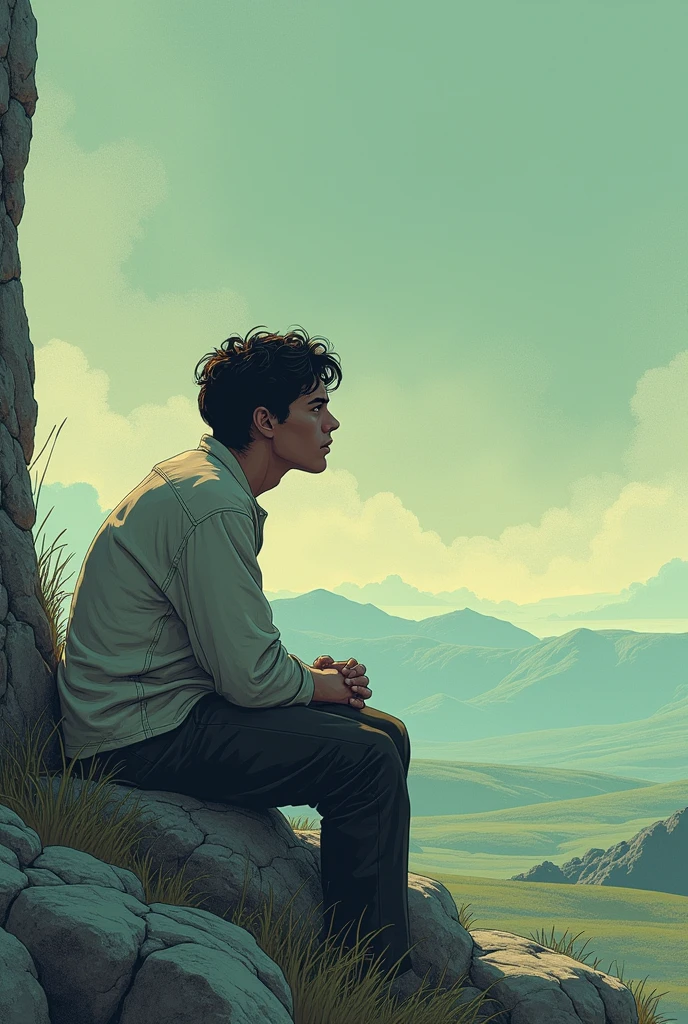 He sits beside the stone, looking at the horizon with a lost gaze, as if there was no more strength to move forward. Your memories begin to appear at the edges of the frame: the face of a loved one, a dream that was abandoned, a personal battle that failed. generates a HQ image, estilo historia em quadrinhos