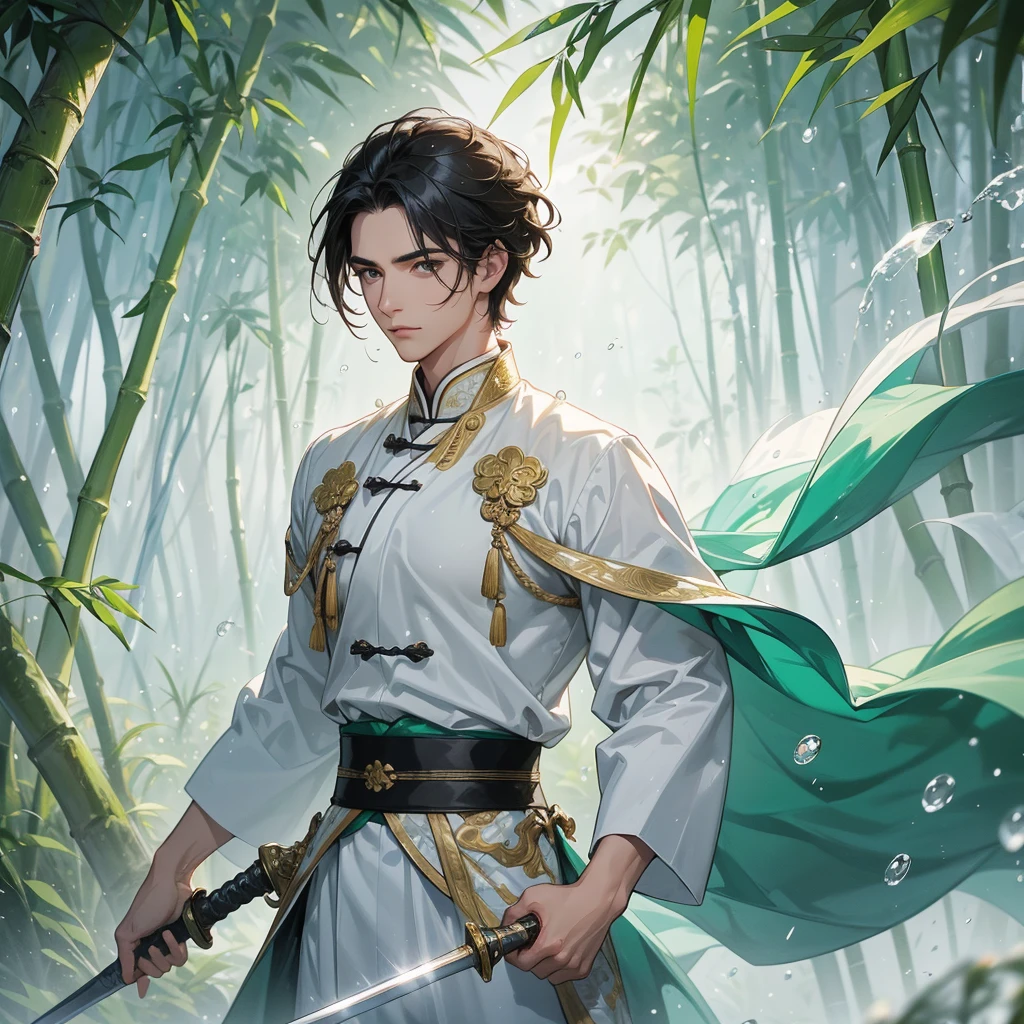 a Handsome black-haired male holding a large sword in white ancient Chinese costume, the back is a lush green bamboo forest. the air after rain has water droplets splashing around.