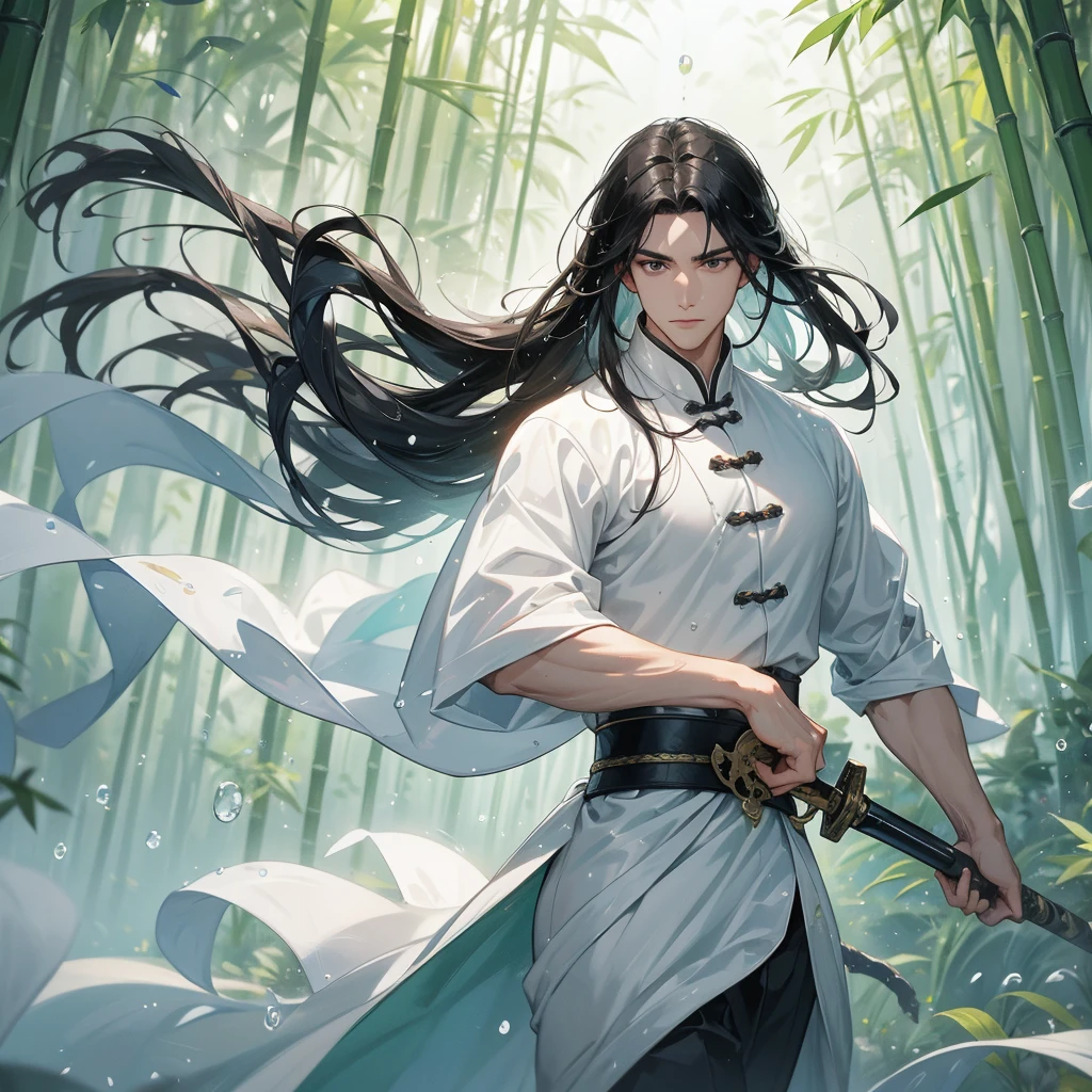 a Handsome black-haired male holding a large sword in white ancient Chinese costume, the back is a lush green bamboo forest. the air after rain has water droplets splashing around.