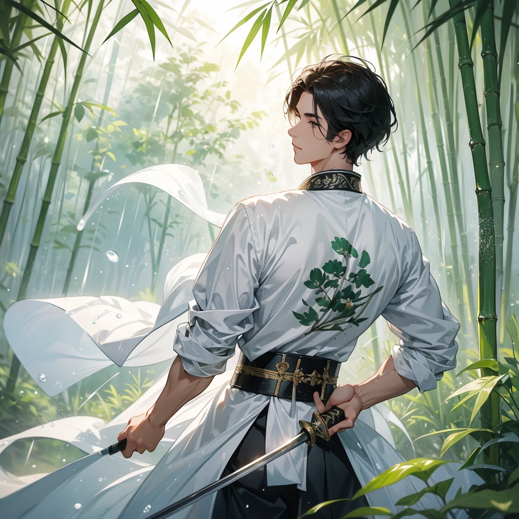 a Handsome black-haired male holding a large sword in white ancient Chinese costume, the back is a lush green bamboo forest. the air after rain has water droplets splashing around.