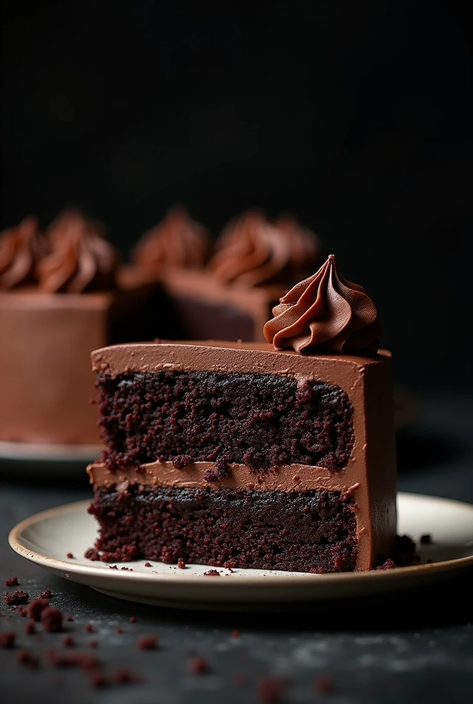 cinematic film still chocolate, chocolate cake, dark background, quality photo, moist texture, frosting, studio photo, slice . shallow depth of field, vignette, highly detailed, high budget, bokeh, cinemascope, moody, epic, gorgeous, film grain, grainy