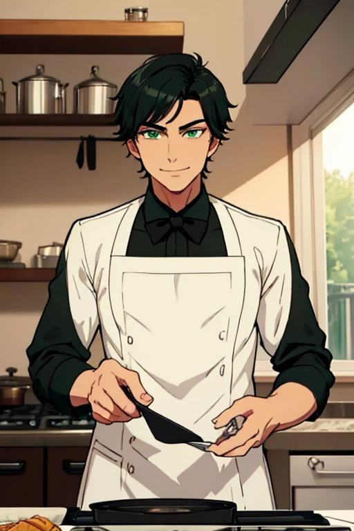 Perfect face. Perfect hands. A handsome black haired man with green eyes and short hair in a butler's uniform is smiling while cooking in a fancy kitchen