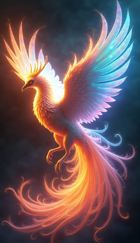 A majestic iridescent phoenix reborn from digital rainbow to holographic flame glaze、16K, Ultra-high resolution, Ultra-high resolution, to be born,wonderful ,future、Iridescent、The world 30 years from now