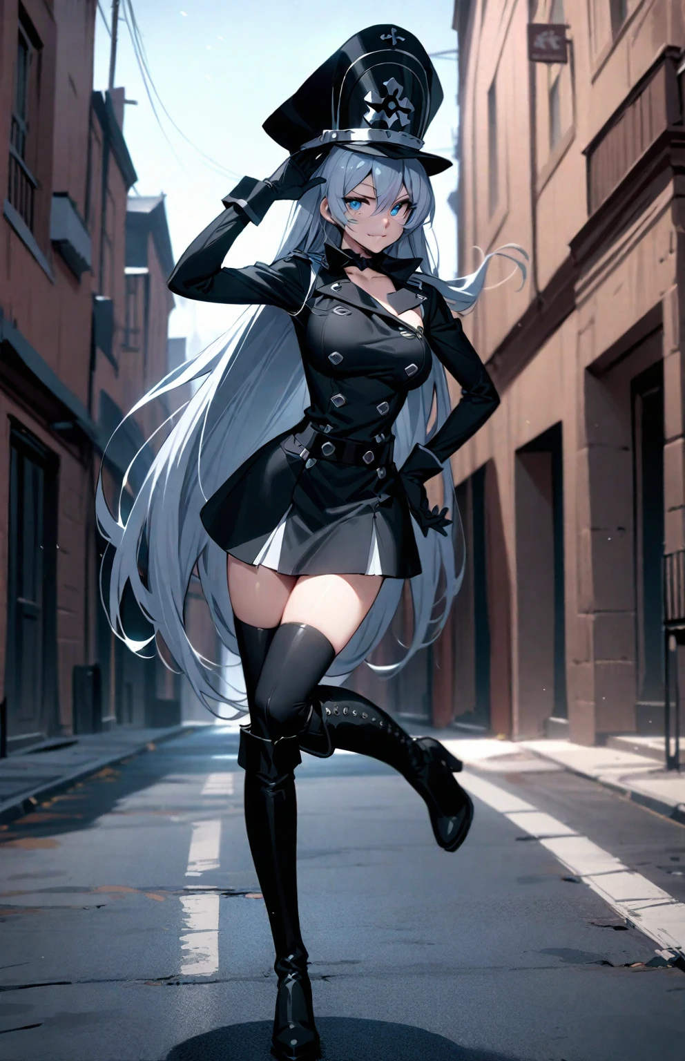 (finely detailed beautiful eyes:1.2), (best quality, masterpiece:1.2), esdeath \(Akame ga Kill!\), lips,, long hair, hat, peaked cap, military, uniform, military uniform, thighhighs, boots, thigh boots, standing, (looking at viewer), (front view), street,