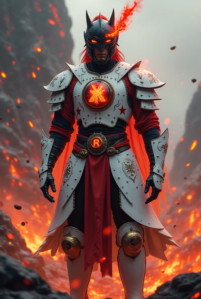 Male age 20, moto black helmet, pins red crest on helmet, black stone with lava glowing on the chest, white Plate armor, armor breastplate with a pair four-pointed red stars, a gold belt buckle with a letter R, red leotard, plate belt, plate wristband, armor boots with red flames, cyberpunk japanese style, athletic, magic powers, action, black cat nails, punch pose, volcano backgroud, full body