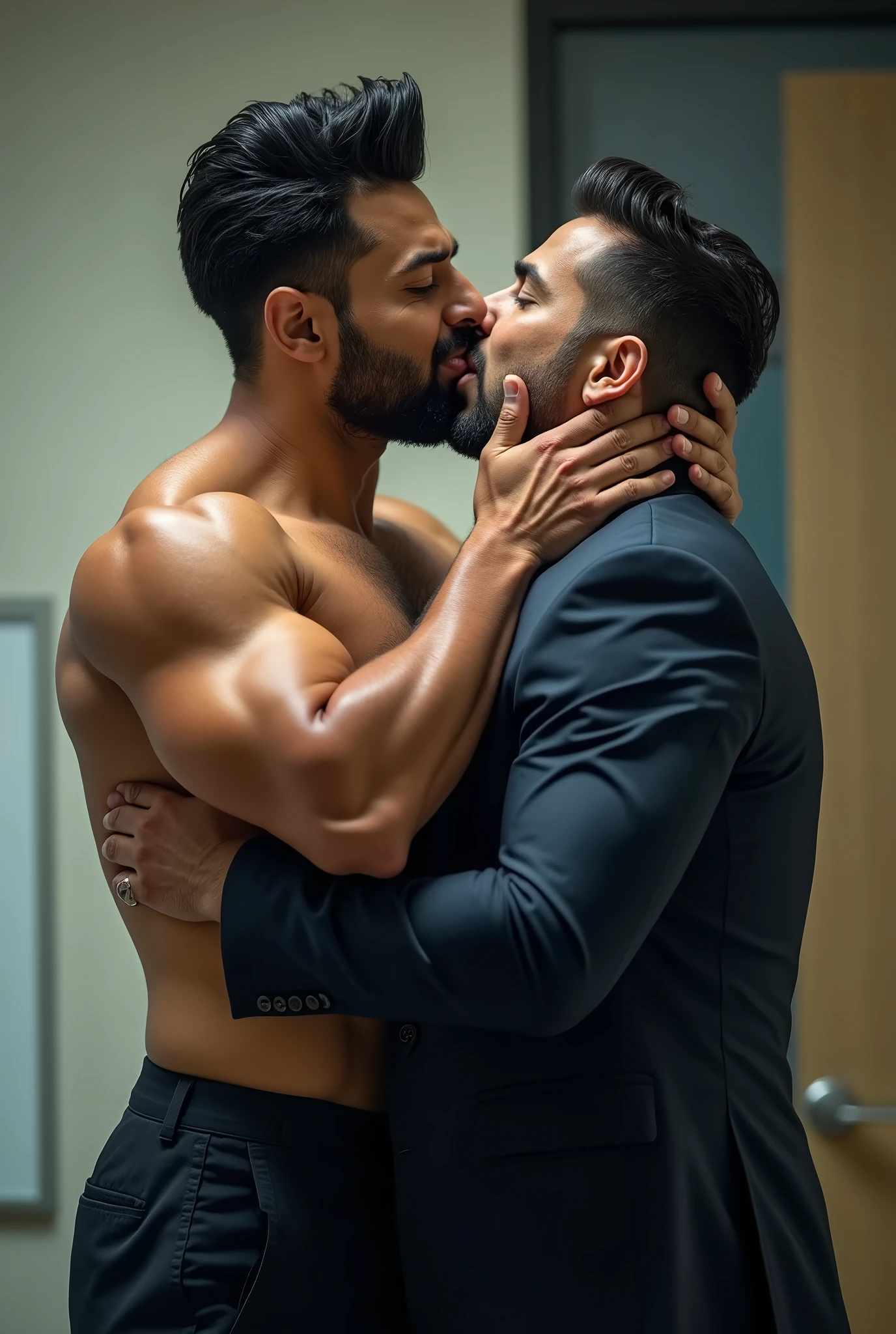 Formal suit Gay couple doing tounge to tounge kissing in office, Pehlwan man Indian Gurjar 40 years old man doing tounge to tounge kissing, sucking tounge, with eyes closed, the head is tilted back doing body play, big shinning eyes big lips wide jawline beautiful hunk face spiky black hairstyle, oiled body, hot body playing poses, His perfect( big huge penis) is (coming out) of his pant,masterpieces, sucking, erotic, exotic,, hd, hdr, D750F nikon, Cinematic, bright colors
