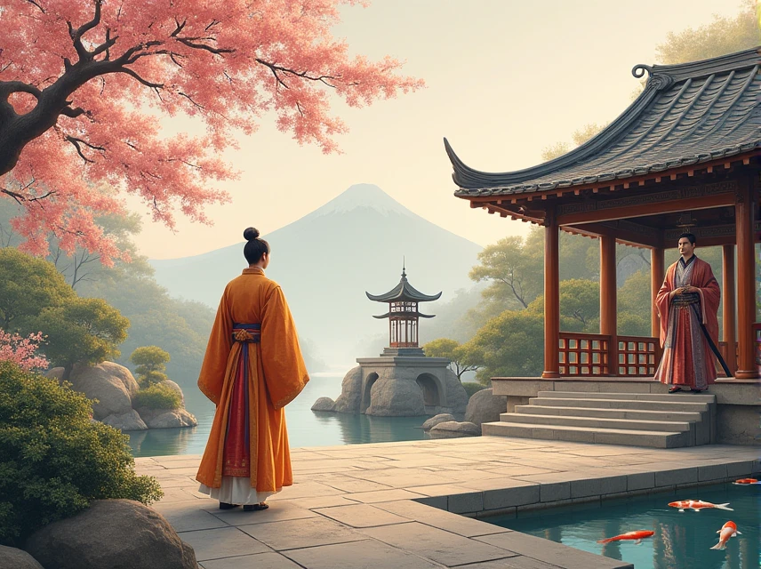 A painting in the style of ancient Chinese art, In a serene Japanese garden courtyard, a Chinese ambassador from the Three Kingdoms era in ornate silk robes meets a Yamato leader in traditional garments. Cherry blossoms and a stone lantern frame the scene, with Mount Fuji visible in the misty distance. The Yamato ruler stands on a wooden veranda, while the ambassador approaches on a stone path. A single samurai guard watches discreetly nearby. The setting blends Chinese and Japanese elements, with curved roof tiles and a small bridge over a koi pond. Soft, warm lighting highlights the rich colors and intricate patterns of their clothing, emphasizing the cultural contrast and the diplomatic significance of this intimate encounter. This artwork has exquisite details and intricate patterns on its surface. It was created in the style of artists such as Guan Shengzhi and Xuanhai Liang
