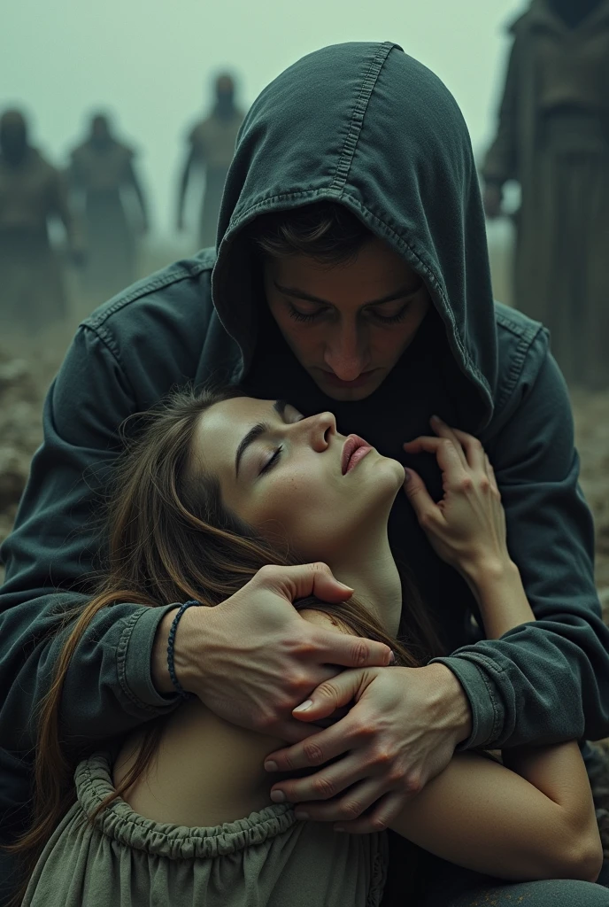 Beautiful mother with torn clothes her shiny body held by her young handsome son laying down in the mud surrounded by bad men