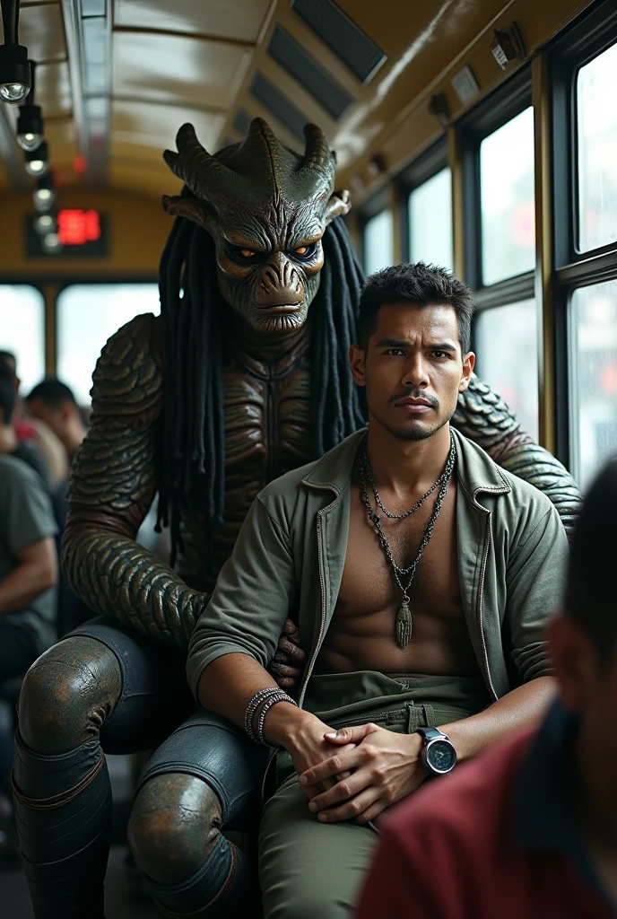 Yautja predator, sitting with guy ( the guy is a Mexican brown skin and indigenous features) in interior bus of City México.