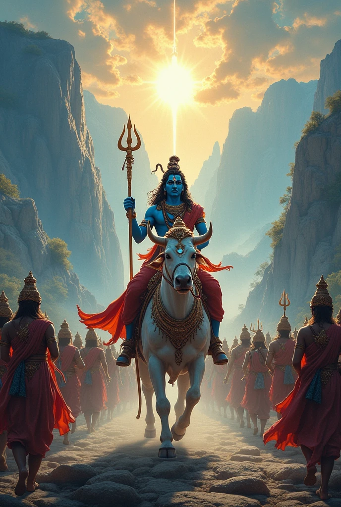 
22. **Shiva’s Divine Procession**: A celestial procession with Lord Shiva riding his divine bull, Nandi, through a majestic landscape.






