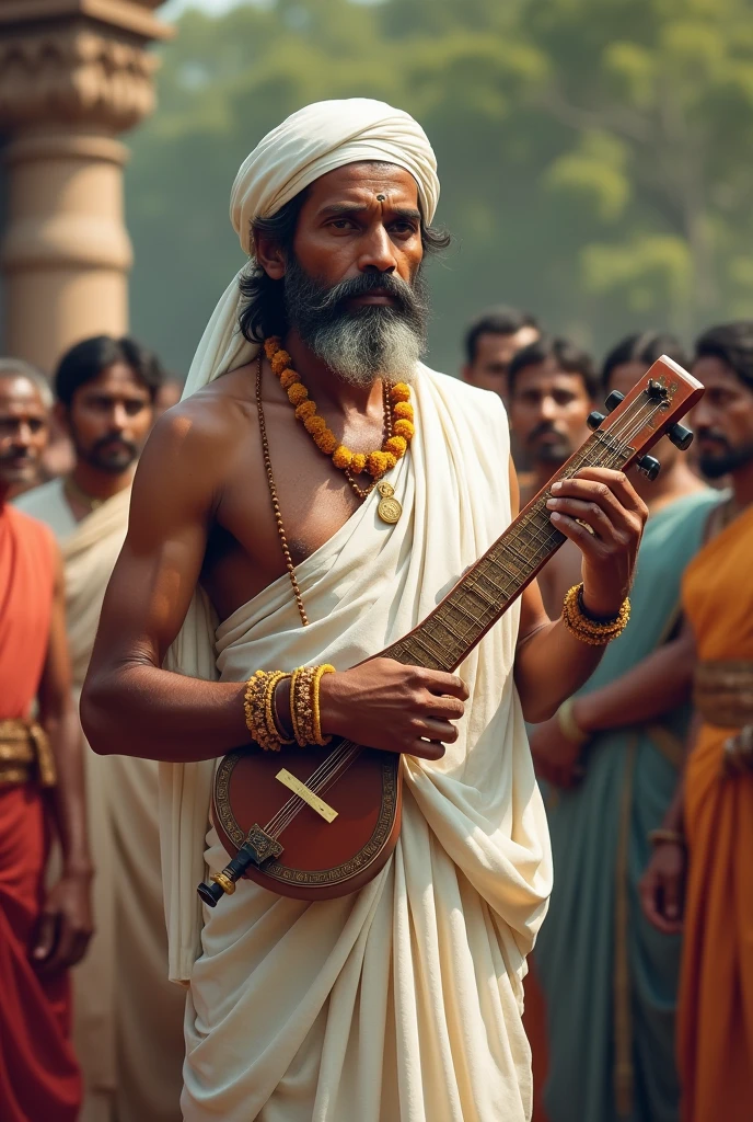 marathi saint tukaram age 50, wearing white kurti, dhoti, white colour pagadi on head, wears garland around neck , has veena in hand, addressing people at hindu temple. maharashtrian village, 1700 ac time period, natural background