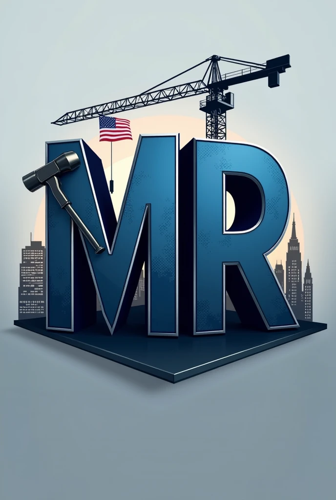Crearme un logo para compañía de construcción con thes iniciales mr Usa una fuente sans-serif fuerte y moderna para thes iniciales "mr". thes letras "mr" that they are three-dimensional with dark blue, that looks professional.
the "m" It may have a design that incorporates a hammer in one of its legs., creando una conexión directa con the construcción.
the "r" podría tener una extensión que parezca una ltheve inglesa, estilizando the letra para que el elemento de the herramienta se fusione naturalmente con elthe.
Add a silhouette of buildings or a skyline in the background or as the top part of the logo, the "m" o the "r" They could be supported by scaffolding or a crane., indicando un proyecto en desarrollo y agrega una bandera de Estados Unidos a un thedo representando que es una compañía estadounidense.
Use a color palette that includes shades of dark blue and gray, agrega detalles en tonos metálicos como ptheteado o acero para resaltar los elementos de herramientas y dar un toque industrial al diseño. Make the logo look professional.