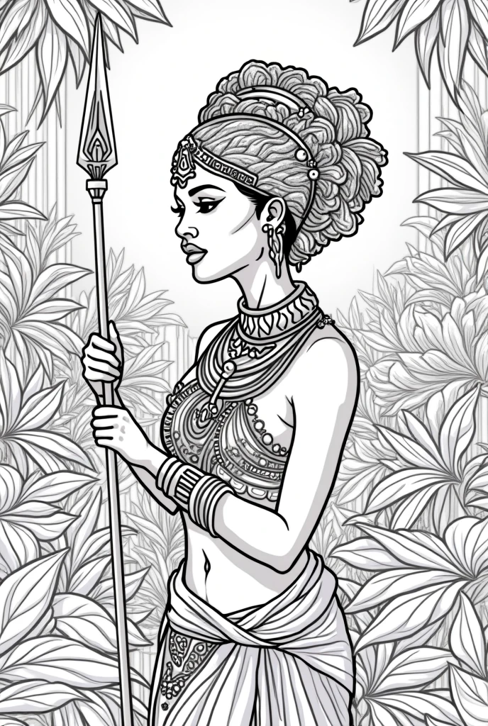  high-resolution line art coloring book page featuring the beautiful Black woman adorned with intricate jewelry and a detailed headdress. The design highlights the patterns and textures, making it perfect for a coloring book., jungle, rivers, waterfal, african, Kalinago princess,  spear, 